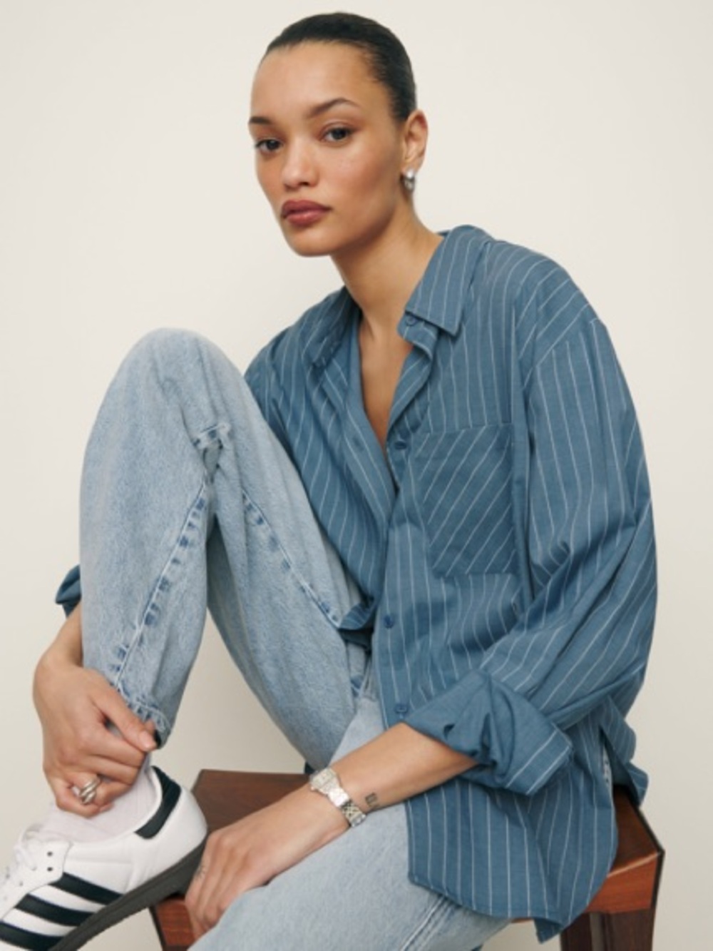 Reformation Will Oversized Shirt in Color Blue Chambray Stripe Size XS